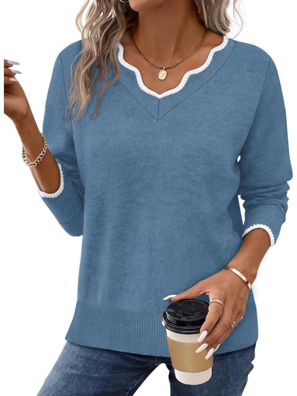 🆕Women's Blue V Neck Cozy Lightweight Long Sleeve Fall Pullover Sweater Tops